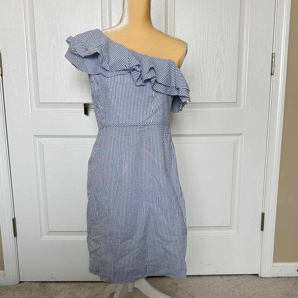J. Crew Blue and White One Shoulder Dress